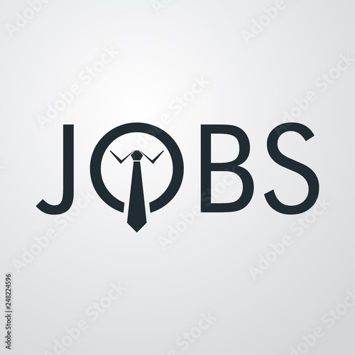 Icono plano abstracto con texto JOBS con corbata en fondo gris