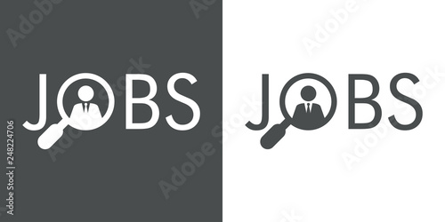 Icono plano abstracto con texto JOBS con hombre en lupa en gris y blanco