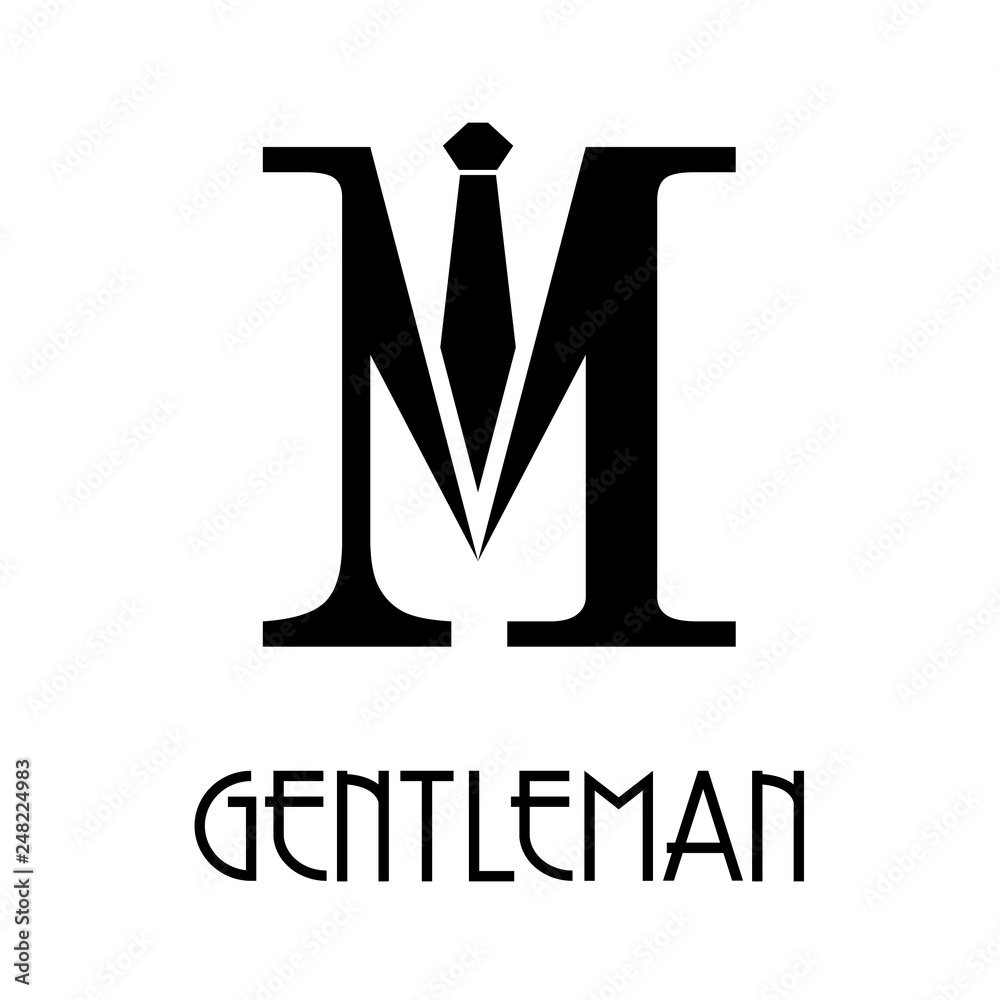 Logotipo abstracto con texto GENTLEMAN con letra M en corbata en color negro Logotipo abstracto con texto GENTLEMAN con letra M en corbata en color negro