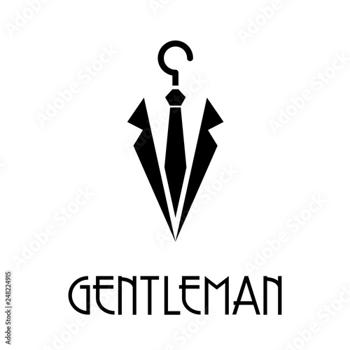 Logotipo abstracto con texto GENTLEMAN con corbata y solapas en percha en color negro