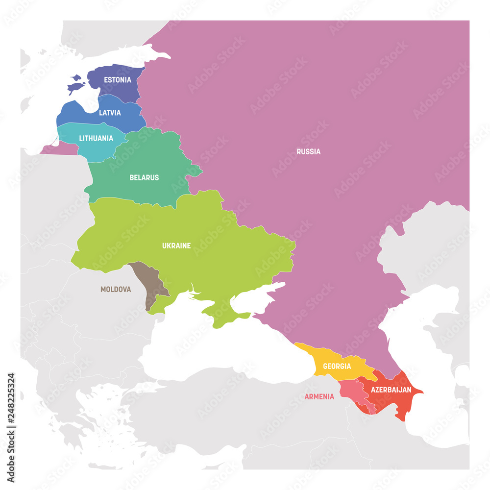 East Europe Region. Colorful map of countries in eastern Europe. Post Soviet and Caucasian countries. Vector illustration