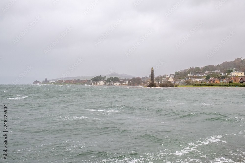 Storm Eric Hits the Seafront of Largs in the West Coast of Scotland High Winds and Waves break onto the Foreshore. Image was taken through heavy Rain.