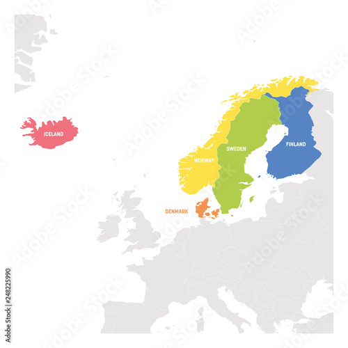 North Europe Region. Colorful map of countries of Scandinavia. Vector illustration