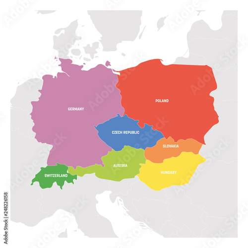 Central Europe Region. Colorful map of countries in central part of Europe. Vector illustration