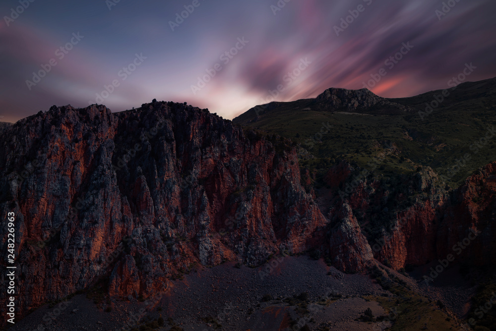 Beautiful  rock and long exposure sky. Armenia Noravank.