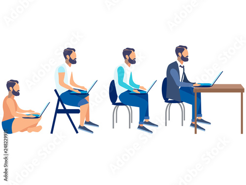 clip art programmer, employee, freelancer stages of development set, cartoon design, generation stages, vector flat