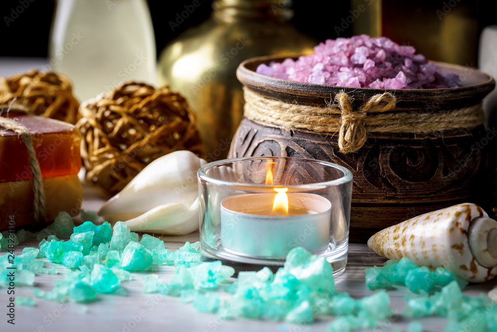 Items for spa massage in the composition on the table Items for spa massage in the composition on the table
