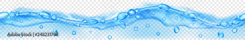 Horizontal seamless banner with horizontally repeated translucent water wave in light blue colors with air bubbles and drops, isolated on transparent background. Transparency only in vector file