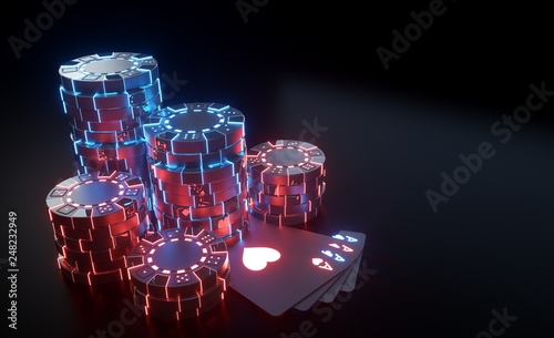Casino Chips Concept With Futuristic Neon Lights - Isolated On The Black Background - 3D Illustration photo