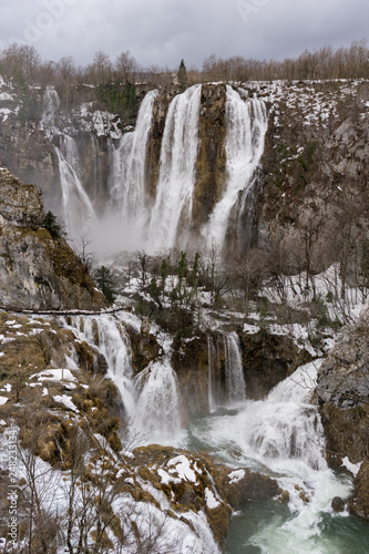 Vertical picture of the big waterfall in the Plitvice National Park in Croatia