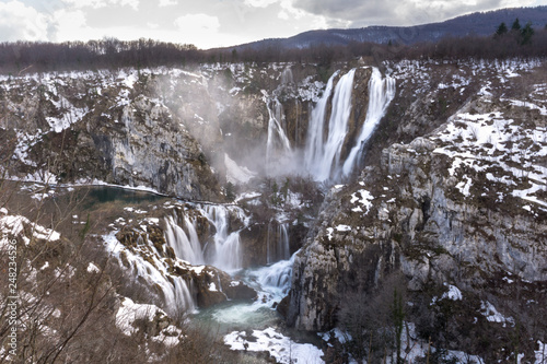 Long exposure panoramic photo of large waterfall