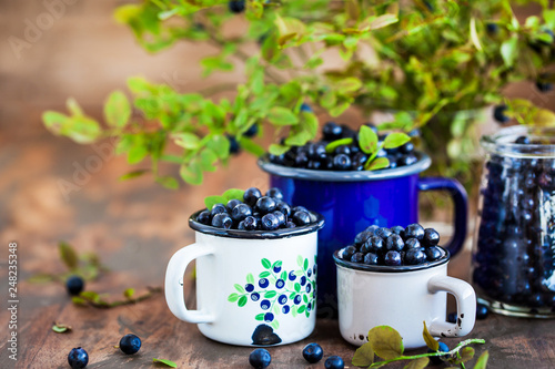 Fresh ripe bluberries (bilberries) in enamel mugs