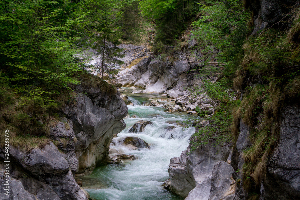 Beautiful mountain stream cascading through a gorge Beautiful mountain stream cascading through a gorge