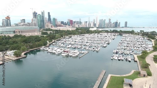 Chicago, Illinois lakefront aerial seen from the shores of Lake Michigan in late summer photo