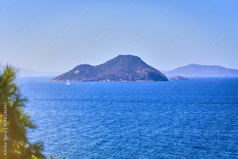 Beautiful sea landscape with blue sky on sunny day in Bodrum, Turkey. Vacation Outdoors Seascape Summer Travel Concept Beautiful sea landscape with blue sky on sunny day in Bodrum, Turkey. Vacation Outdoors Seascape Summer Travel Concept