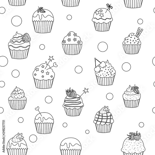 Vector illustration of black and white cupcakes pattern