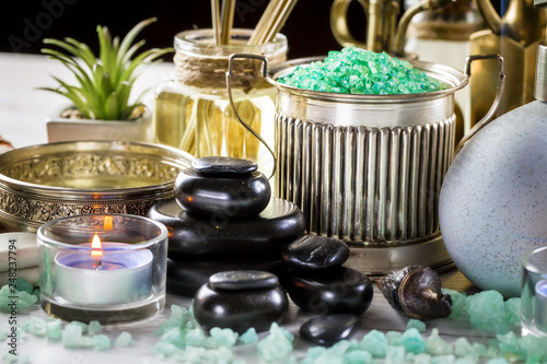 Items for spa massage in the composition on the table