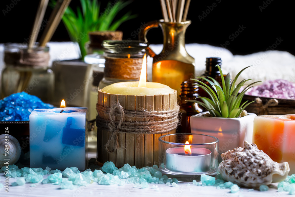 Items for spa massage in the composition on the table Items for spa massage in the composition on the table