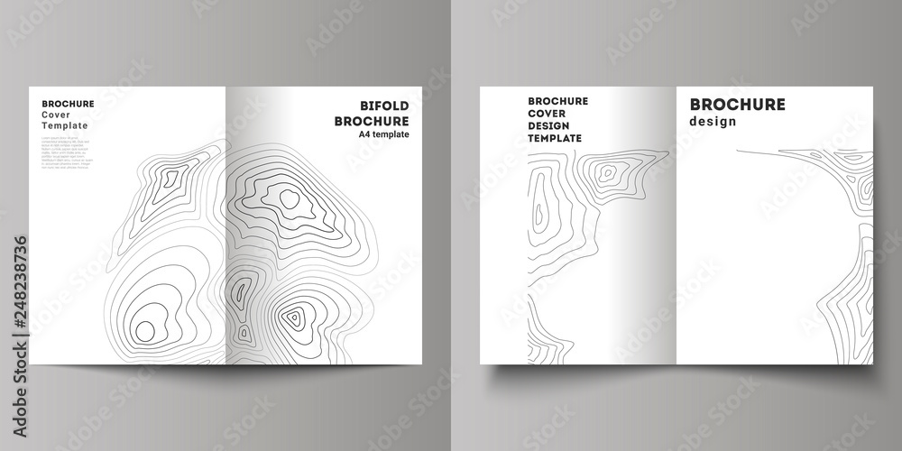 The vector layout of two A4 format modern cover mockups design templates for bifold brochure, magazine, flyer, booklet, annual report. Topographic contour map, abstract monochrome background.