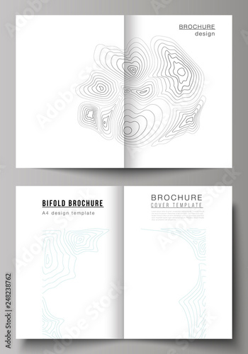 The vector layout of two A4 format modern cover mockups design templates for bifold brochure, magazine, flyer, booklet, annual report. Topographic contour map, abstract monochrome background.