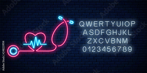 Glowing neon medicine concept sign. Drugstore or hospital luminous advertising signboard with alphabet.