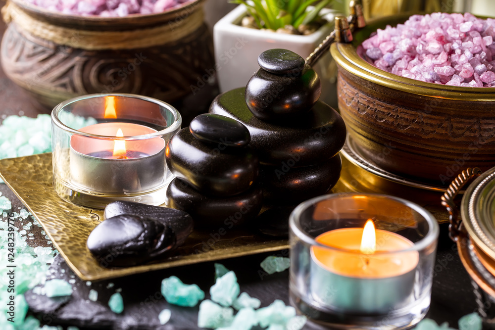 Items for spa massage in the composition on the table Items for spa massage in the composition on the table