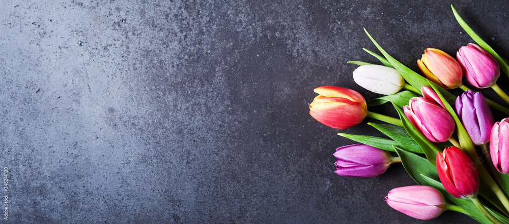 Fototapeta premium Bukiet tulipanów na ciemnoszarym tle