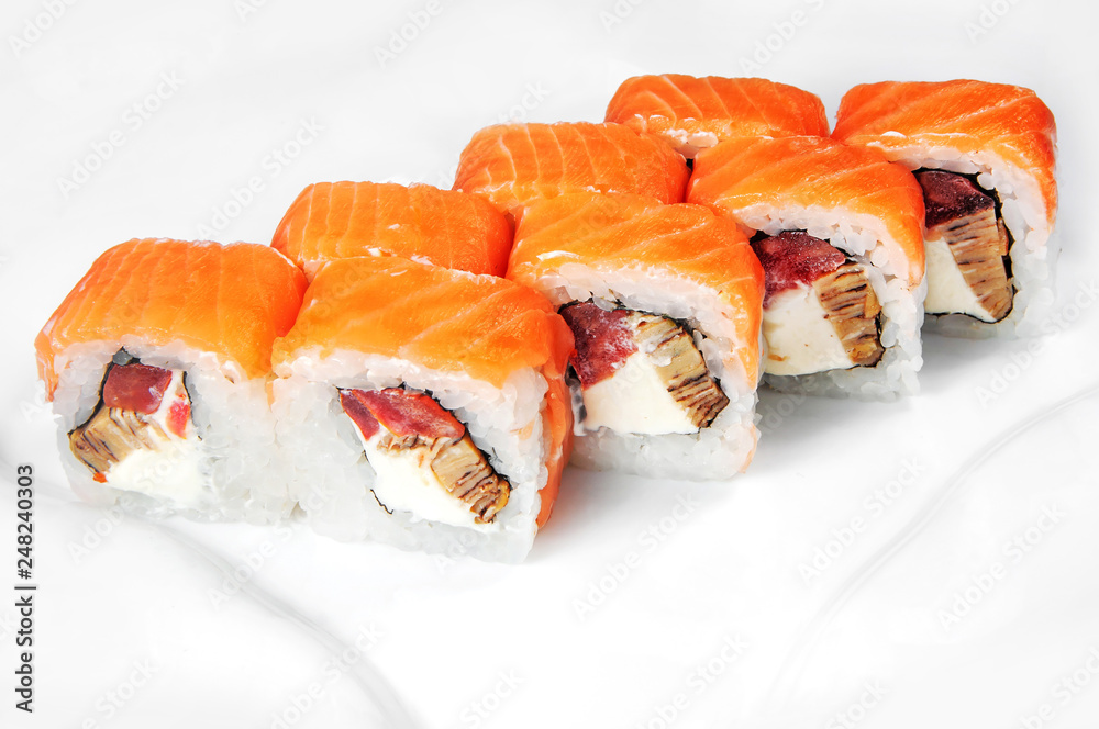 close up of sashimi sushi set, roll on white plate close up of sashimi sushi set, roll on white plate