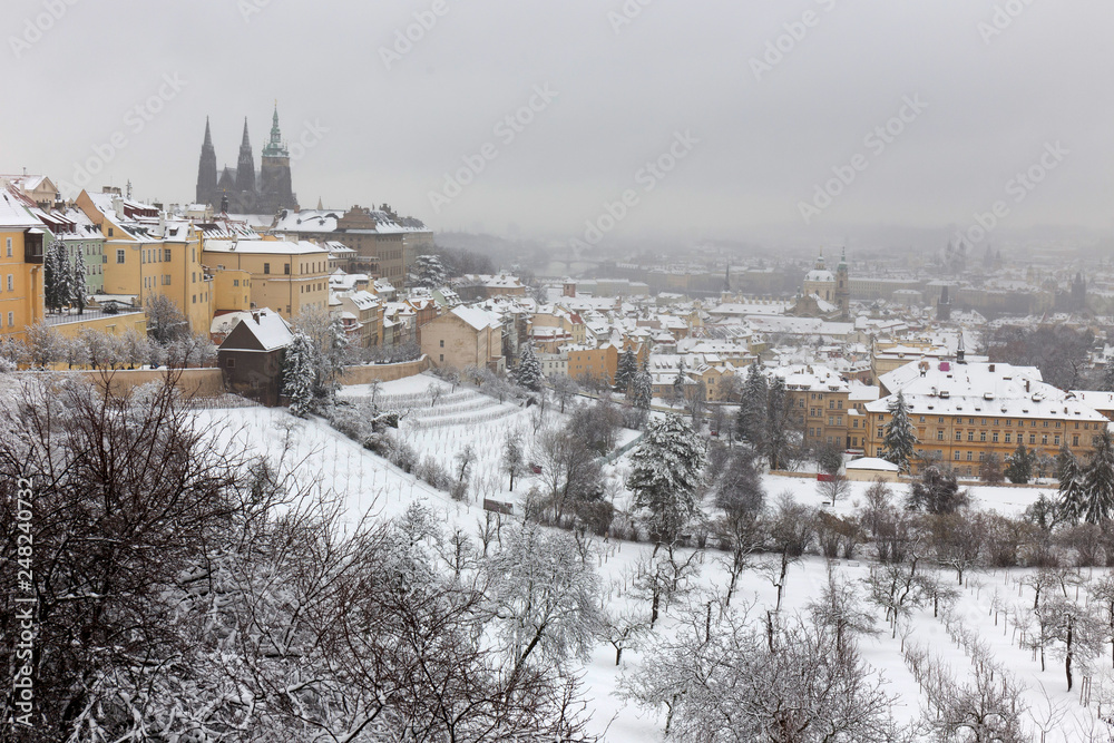 Obraz premium Snowy foggy Prague City with gothic Castle from Hill Petrin, Czech republic