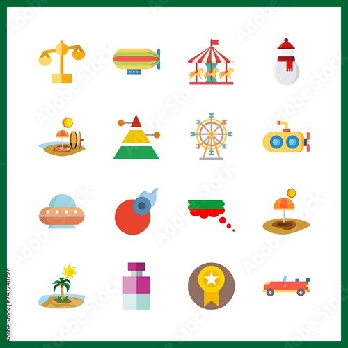 16 sky icon. Vector illustration sky set. ferris whell and sport car icons for sky works