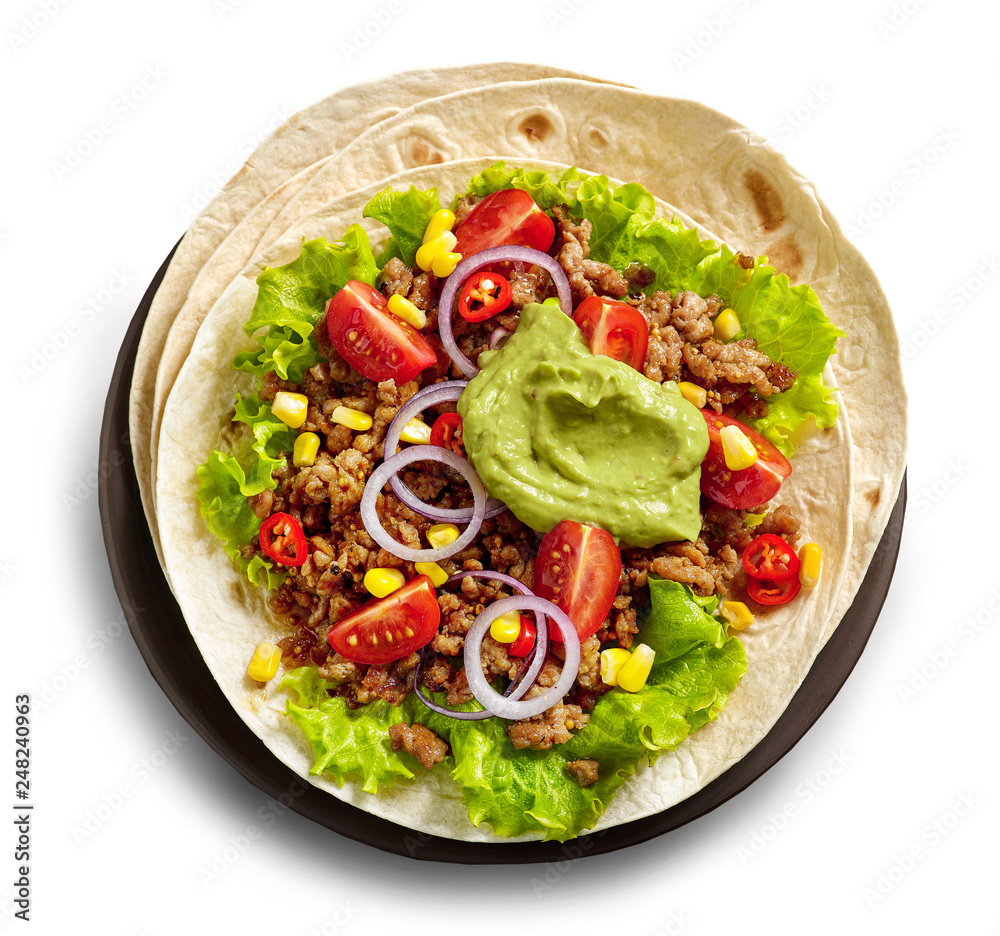 Tortill wraps with fried minced meat and vegetables Tortill wraps with fried minced meat and vegetables