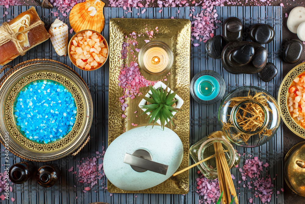 Items for spa massage in the composition on the table Items for spa massage in the composition on the table