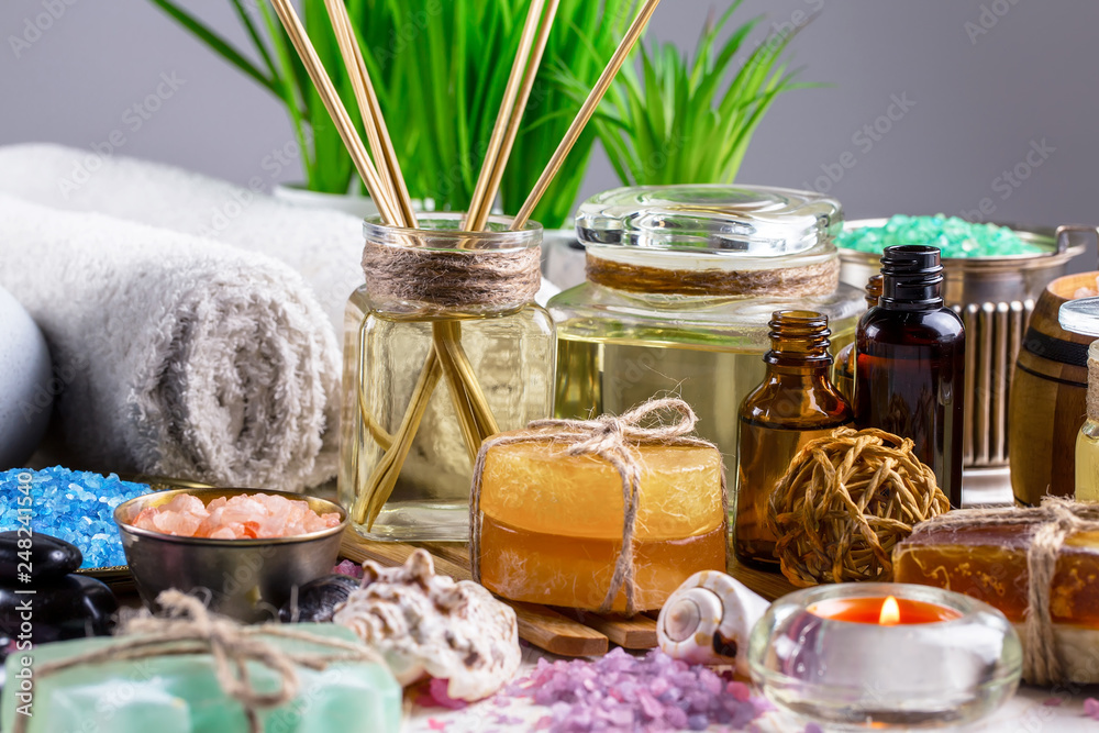 Items for spa massage in the composition on the table Items for spa massage in the composition on the table