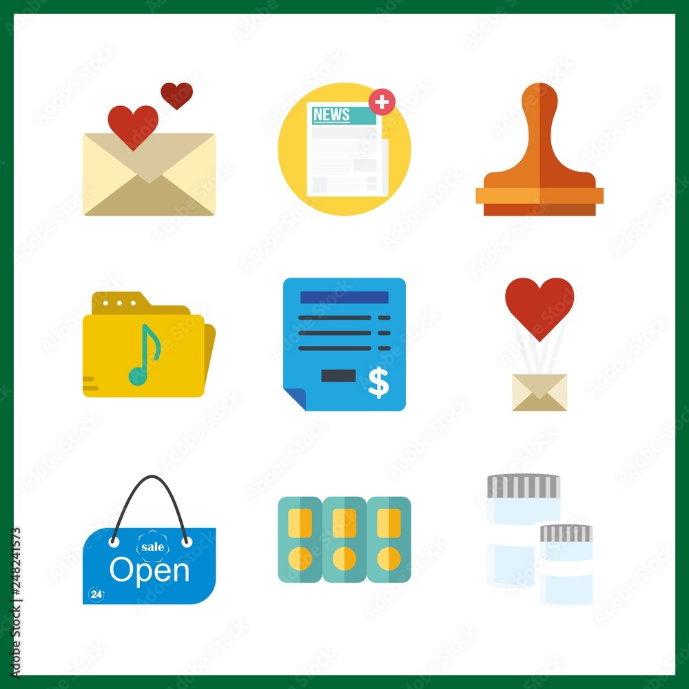9 document icon. Vector illustration document set. love letter and open icons for document works 9 document icon. Vector illustration document set. love letter and open icons for document works
