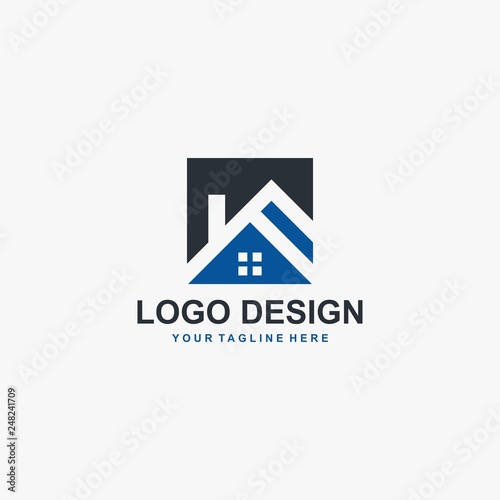 Real estate company logo design. Home blue vector. Property management logo.