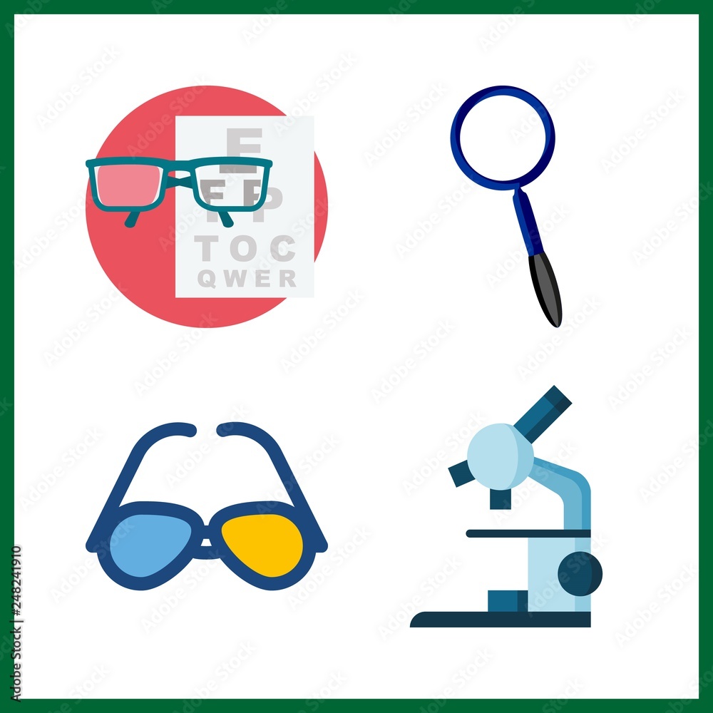 4 optical icon. Vector illustration optical set. magnifying glass and sunglasses icons for optical works 4 optical icon. Vector illustration optical set. magnifying glass and sunglasses icons for optical works
