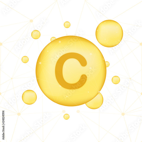 Vitamin C gold shining icon. Ascorbic acid. Vector illustration