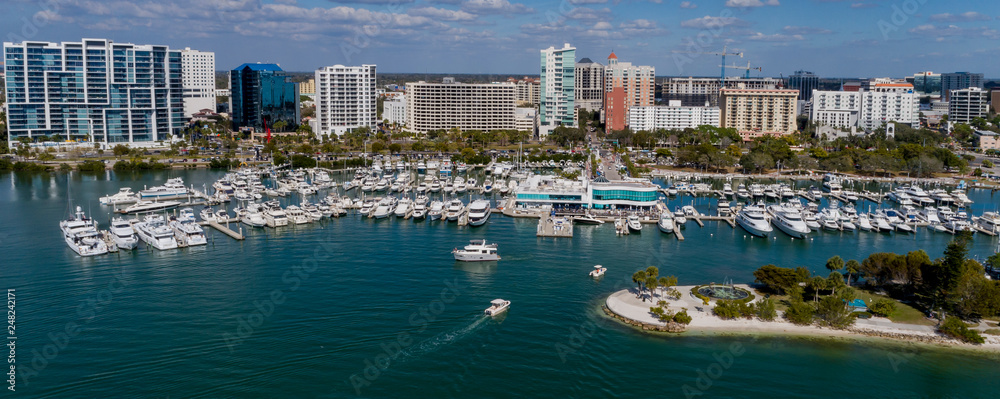 Drone view of Marina Jack from Bayfront park looking North at the Sarasota high rise landscape