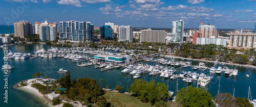 Drone view of Marina Jack from Bayfront park looking North at the Sarasota high rise landscape