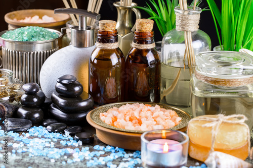 Items for spa massage in the composition on the table