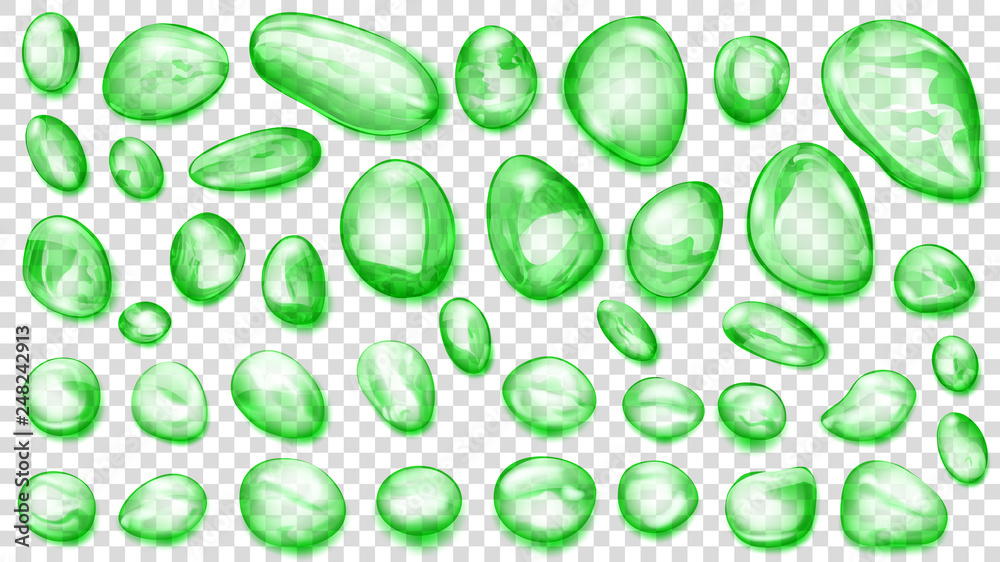 Set of green translucent water drops of different shapes, isolated on transparent background. Transparency only in vector format
