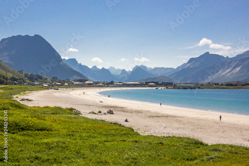 Ramberg beach and mountains in Lofoten in Norway