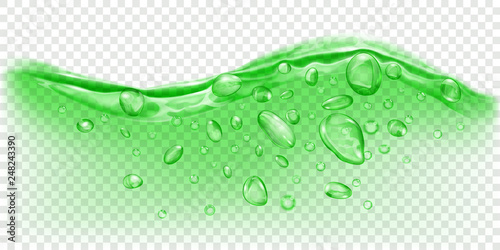 Translucent water wave in green colors with air bubbles and drops, isolated on transparent background. Transparency only in vector file