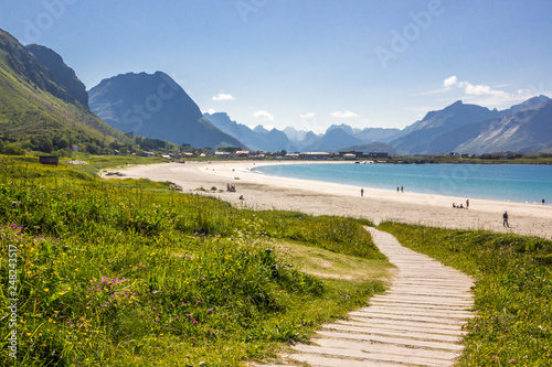 Ramberg beach and mountains in Lofoten in Norway photo