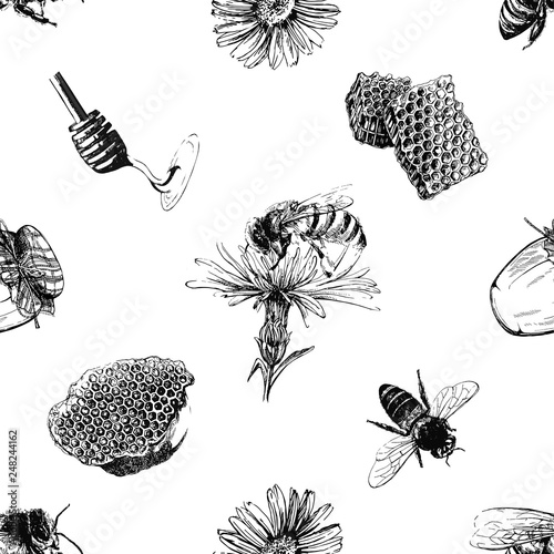 Seamless pattern of hand drawn sketch style beekeeping themed objects isolated on white background. Vector illustration.