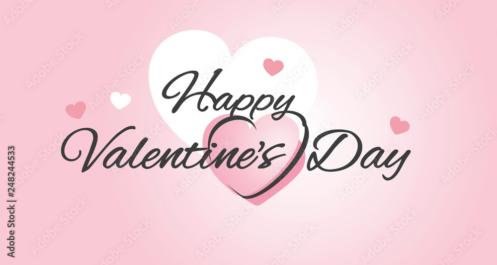 Happy Valentines Day banner with hearts and handwritten calligraphy with pink white background