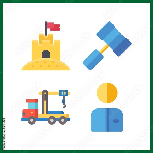 4 construction icon. Vector illustration construction set. crane truck and sand castle icons for construction works