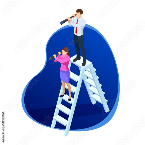 Isometric successful businessman and businesswoman standing on a ladder looking through a telescope. Perspective business planning, career opportunities, and career ladder