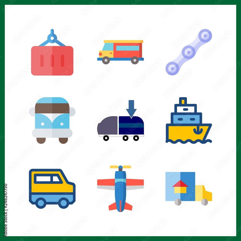 9 cargo icon. Vector illustration cargo set. van and container icons for cargo works 9 cargo icon. Vector illustration cargo set. van and container icons for cargo works