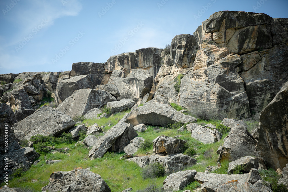 Gobustan,Azerbaijan.A national treasure,a landmark,a rocky area with a rich and ancient history.district of Azerbaijan.On the rocks are drawn pictures of people who lived here in ancient times.